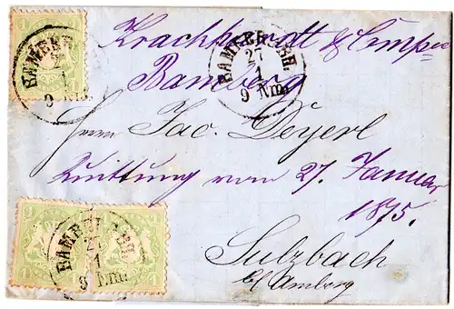 Bayern 1875, 3x1 Kr. auf Brief v. Bamberg n. Sulzbach b. Amberg.