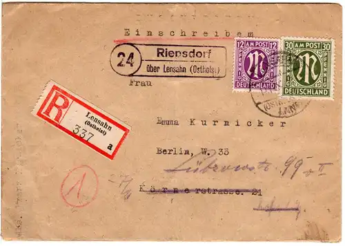 1945, Landpost Stpl. 24 RIEPSDORF über Lensahn auf Reko Brief m. 12+30 Pf.