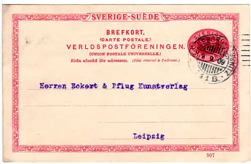 Schweden 1909, Schiffspost Stpl. Trelleborg-Sassnitz auf 10 öre Ganzsache 