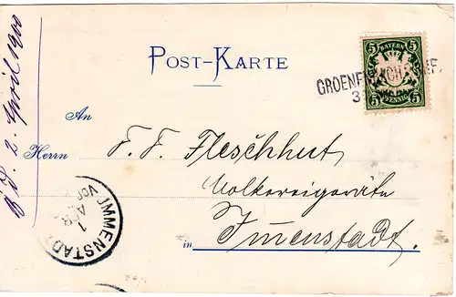 Bayern 1900, L2-Aushilfstempel GROENEBACH 2 BHF. klar auf AK m. 5 Pf.