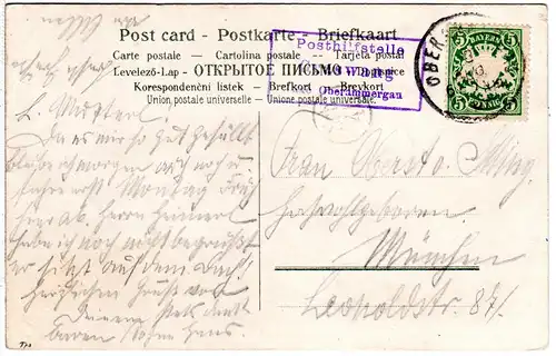 Bayern 1907, Posthilfstelle GRASWANG Taxe Oberammergau auf Karte m. 5 Pf.