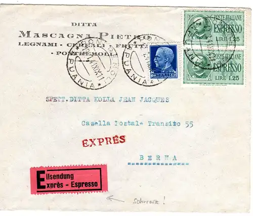 Italien 1941, Express Brief v. Pontremoli n. Bern m. Schweiz Eilboten-Zettel
