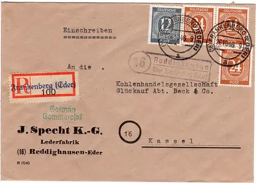 1946, Landpoststempel 16 REDDIGHAUSEN über Frankenberg auf Einschreiben Brief.