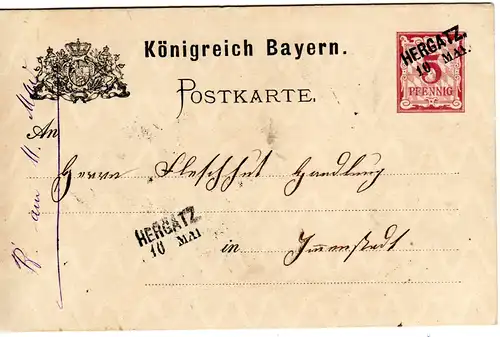 Bayern 1887, L2- Aushilfstempel HERGATZ auf 5 Pf. Ganzsache v. Itzlings.