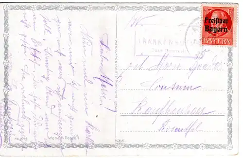 Bayern 1920, Posthilfstelle FRANKENHOFEN Taxe Osterzell auf AK m. 15 Pf. 