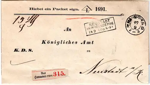 NDP 1869, K2 HANNOVER u. R3 Neustadt am Rübenberge auf Vordruck Paket Brief