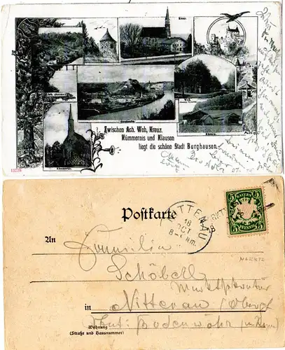 Bayern 1900, Aushilfs-L2 MARKTL auf Mehrbild-AK v. Burghausen m. 5 Pf.