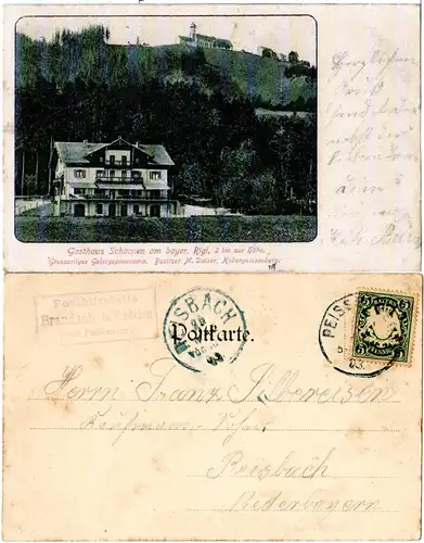 Bayern 1900, Posthilfstelle BRANDACH in SCHÄCHEN Taxe Peissenberg auf sw-AK 