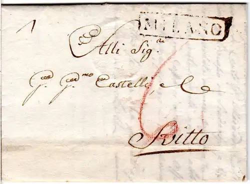 Lombardei 1825, R1 MILANO auf Porto Brief n. Svitto Schwyz, Schweiz