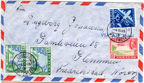Curacao 1948, 4 Marken auf Luftpost Brief v. Willemstad n. Norwegen
