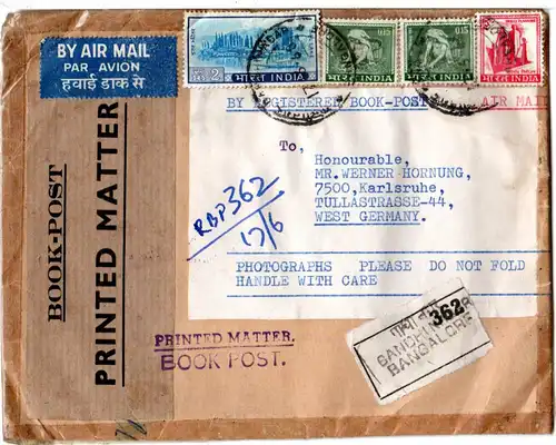 Indien 1968, 4 Marken auf Reko Book Post per Luftpost v. Bandhinagar i.d. BRD