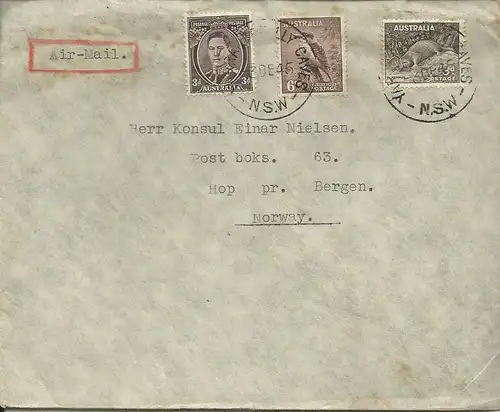 Australien 1945, 3+6+9d auf Luftpost Konsulats Brief  n. Norwegen. #3020
