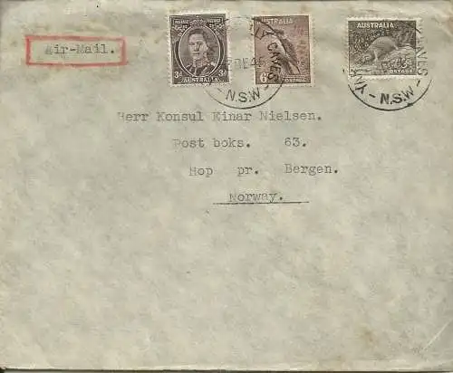 Australien 1945, 3+6+9d auf Luftpost Konsulats Brief  n. Norwegen. #3020