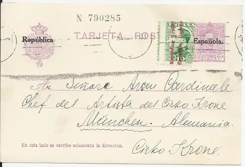 Spanien Ganzsache 1931 an d. Chef del Artista Zirkus Krone München. #2293