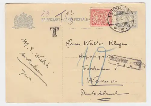 NL Indien 1932, "T" u. "Nachgebühr..." auf Ganzsache n. Weimar m. 10 Porto #2496
