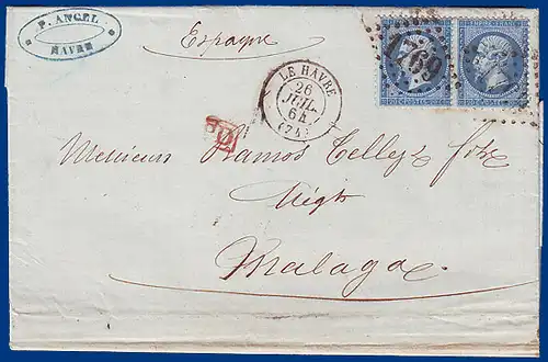 Frankreich 1864, Brief m. Paar 20 C. v. Le Havre n. Malaga Spanien. #S759