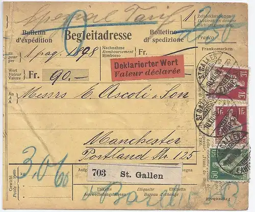 Schweiz 1909, Wert Paketkarte v. St. Gallen n. GB. Vermerk "Spezial Tarif" #1864