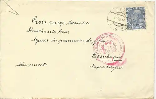 Österreich 1916, KGF POW Zensur Brief m. 25 H. v. Seis Tirol n. Dänemark. #2876