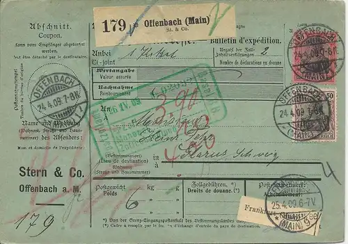 DR 1909, 50+80 Pf. auf Paketkarte v Offenbach i.d. Schweiz. Porto 1,30 Mk. #2144