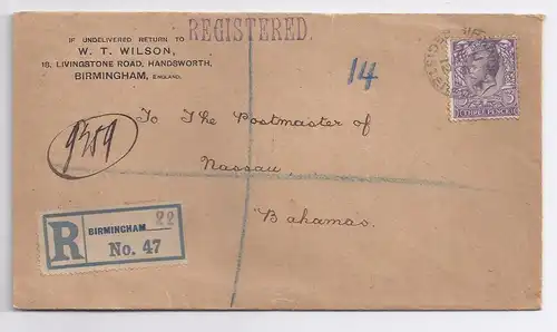 GB 1912, Einschreiben Brief v. Birmingham n. Nassau Bahama Islands .  #355