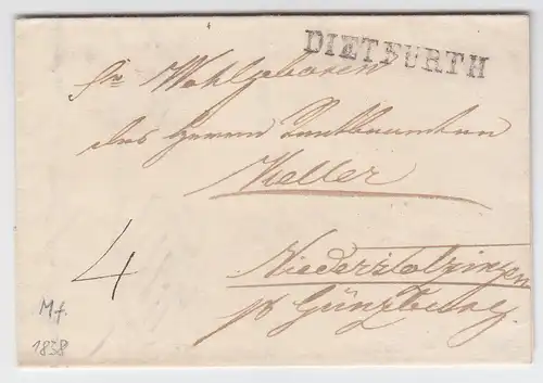 Bayern 1838, L1 Dietfurt auf Porto Brief n. Württemberg. #1419