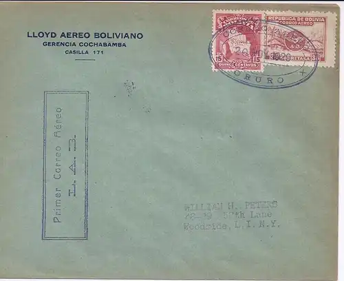 Bolivien 1929, Oruro-La Paz Erstflug Brief m. Ankunftstempel. #200