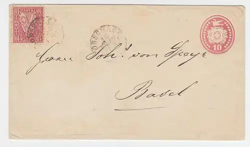Schweiz 1869, 10 C. Ganzsache Brief m. 10 C.  Zusatzfrank. v. Rorschach. #2746