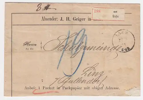 DR 1873, "aus Lahr", Baden-Zettel auf Paket Begleit Brief n. Pfullendorf. #2110