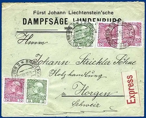 Österreich 1910, Expressbrief  v. Lundenburg i.d. Schweiz. #S227