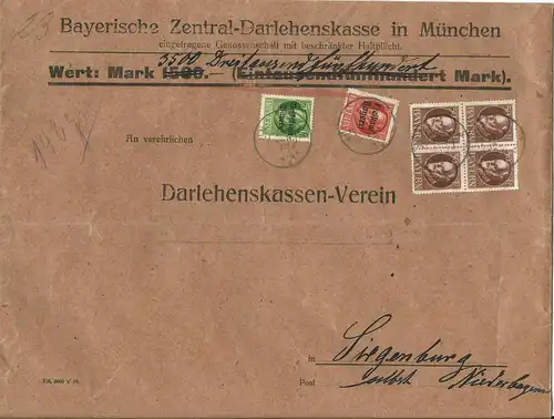 Bayern 1920, 4er-Block 50 Pf.+5+10 Pf. auf Bank Wert Brief v. München.