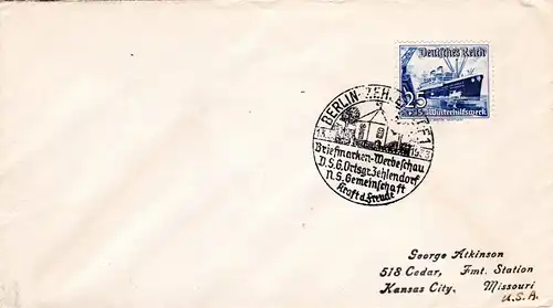 DR 1933, EF 25 Pf. WHW portorichtig auf Brief v. Berlin Zehlendorf n. USA