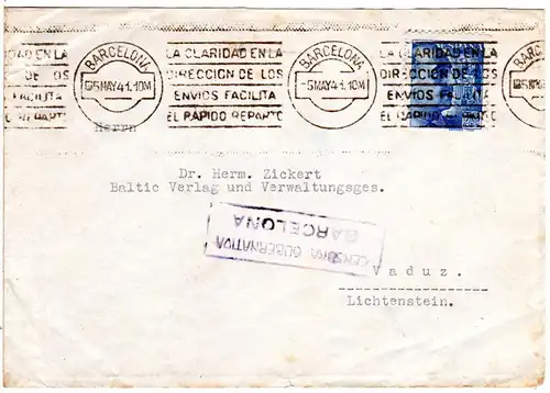 Spanien 1941, 70 C. auf Zensur Brief n. Vaduz, Liechtenstein. Destination!