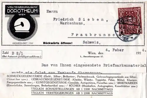 Österreich 1924, 3000 K. auf Dorotheum "Faltpost"-Brief v. Wien i.d. Schweiz