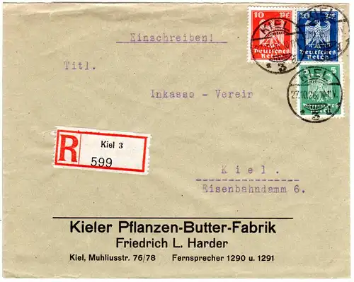 DR 1926, 5+10+20 Pf. auf Orts-Einschreiben Brief v. Kiel 3