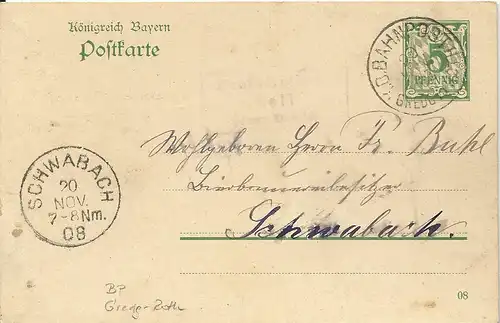 Bayern 1908, Posthilfstelle Zell Taxe Eysölden auf Karte m. Bahnpost Gredg-Roth