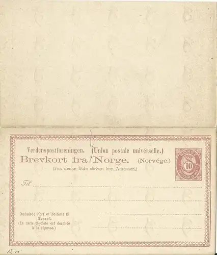 Norwegen P9, ungebr. 10 öre Doppel Ganzsache m. Variante "zusätzl. Eckornament"