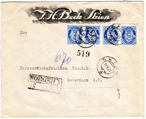 Norwegen 1921, MeF 4er-Streifen 20 öre auf Firmen Einschreiben Brief v. Skien