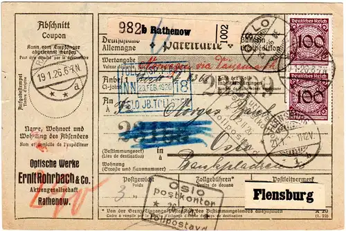 DR 1926, 2x100+rs. 40+50 Pf. auf Paketkarte v. Rathenow n. Norwegen