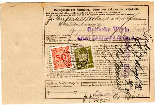 DR 1926, 2x100+rs. 40+50 Pf. auf Paketkarte v. Rathenow n. Norwegen