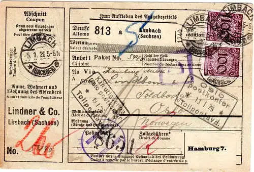 DR 1926, 2x30+2x100 Pf. vorder- u.rs. auf Paketkarte v. Limbach n. Norwegen