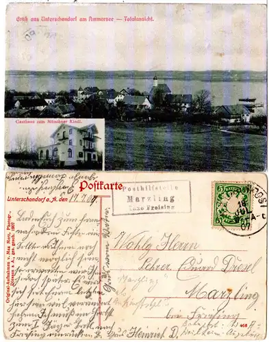 Bayern 1907, Posthilfstelle MARZLING Taxe Freising, auf Ammersee AK m. 5 Pf.