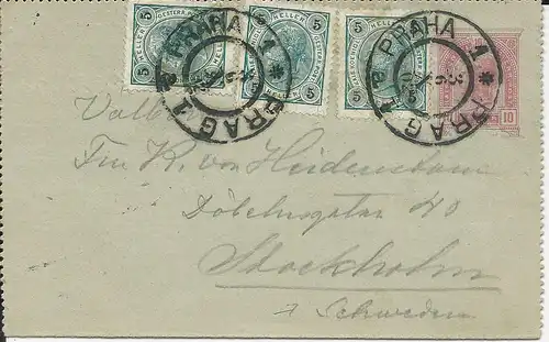 Österreich 1902, 3x5 H. Zus.fr. auf 10 H. Karten Brief v. Prag n. Schweden.