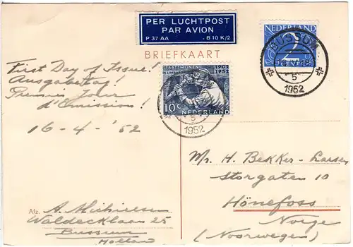 NL 1952, 2+10 C. auf FDC Luftpost Karte v. Bussum n. Norwegen.