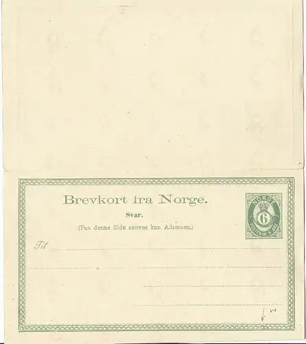 Norwegen P8, ungebr. 6 öre Doppel Ganzsache m. Variante "zusätzl. Eckornament" 