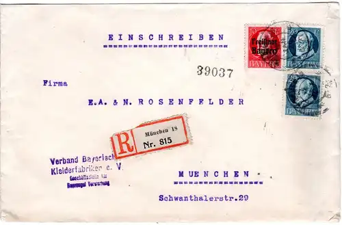 Bayern 1920, 2x20+10 Pf. Freistaat auf portorichtigem Orts Reko Brief v. München