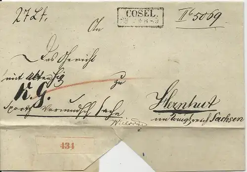 Preussen, R2 Cosel auf Paket Begleit Brief n. Sachsen.