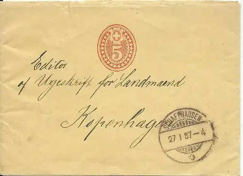 Schweiz 1887, 5 C. Ganzsache Streifband v. Schaffhausen n. Dänemark. 