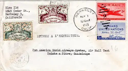 Guadeloupe 1946, 1+15 Fr. Nachsende Frankatur auf US Brief v. Berkely m. 2x5 C. 