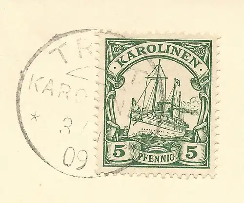 Karolinen 1909, 5 Pf. auf Briefstück m. Stpl. TRUK