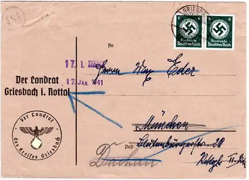 DR 1941, 2x6 Pf. Dienst auf Landrat Brief v. GRIESBACH. Hoheitszeichen abgedeckt